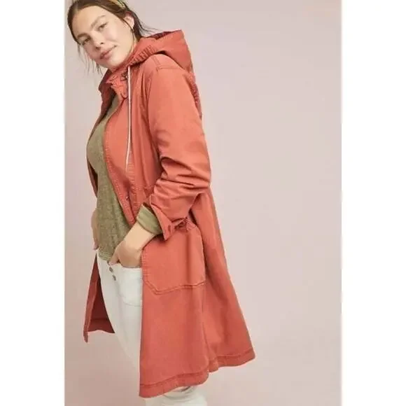 Anthropologie Longline Anorak Parka Cargo Jacket Coat M Rust Hooded Coat - Picture 7 of 16